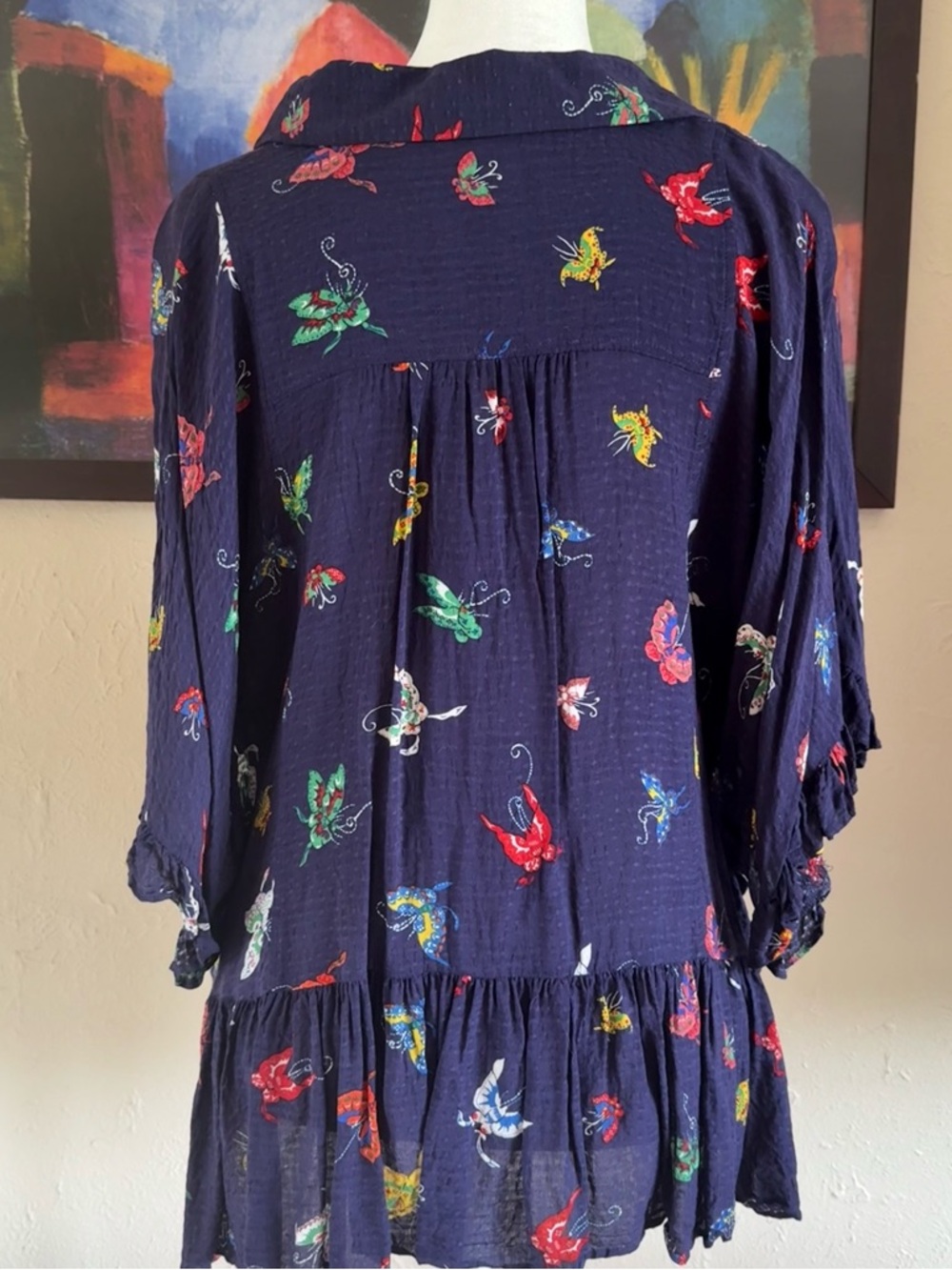 Anthropologie Maeve Navy Butterfly Print Button-down Peplum Blouse - Picture 5 of 9